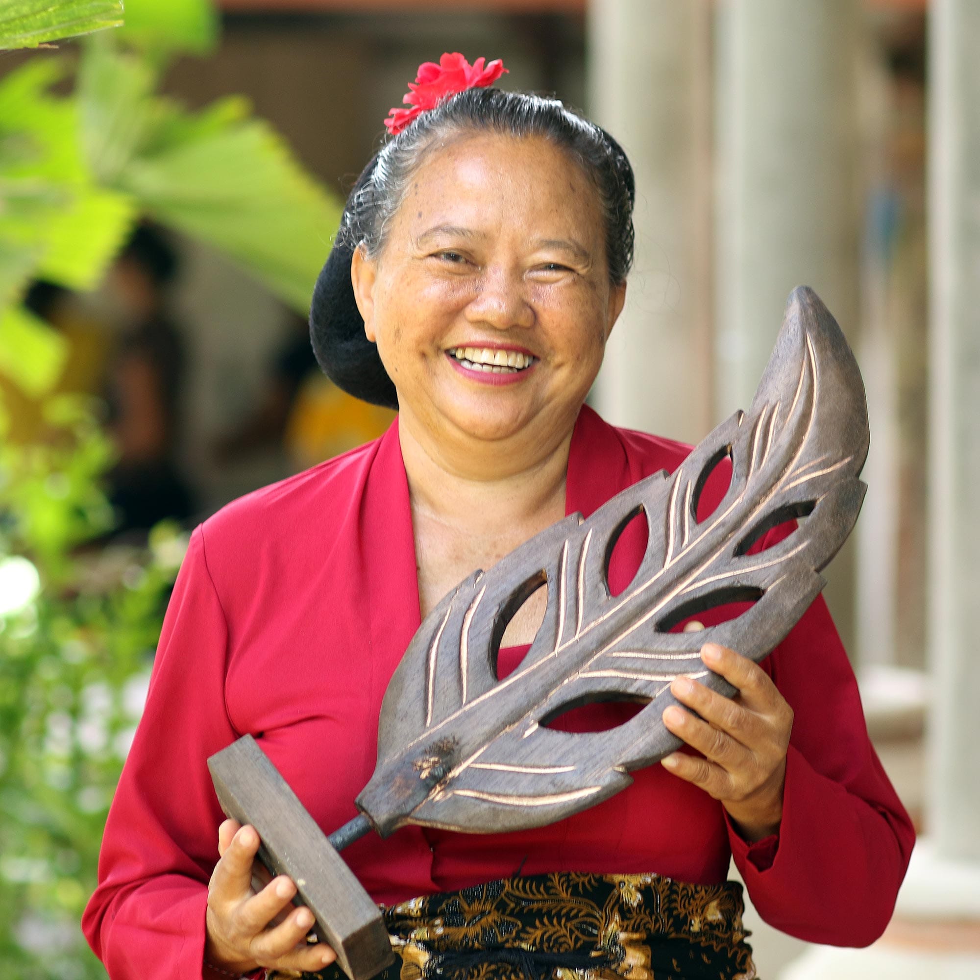 Hand Carved Antiqued Albesia Wood Sculpture from Bali - Balinese Lady