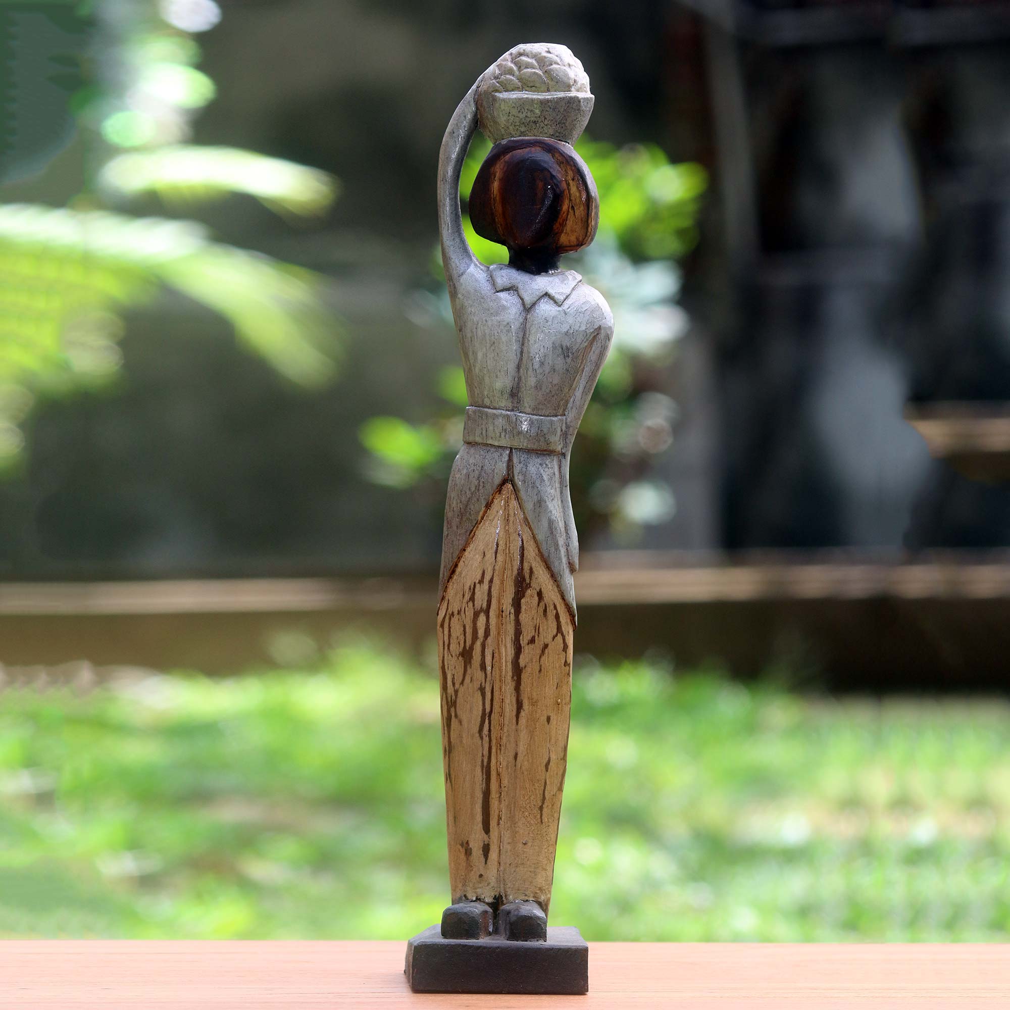 Hand Carved Antiqued Albesia Wood Sculpture from Bali - Balinese Lady