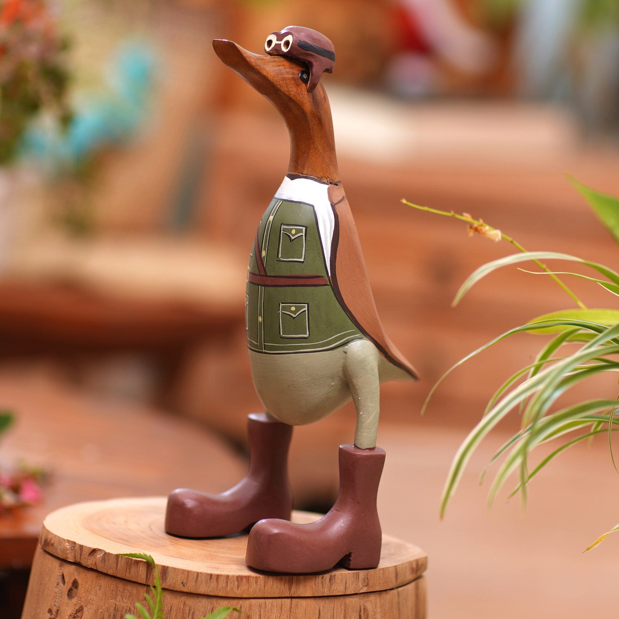 Teak Wood Duck Statuette with Soldier Motif - Soldier Duck