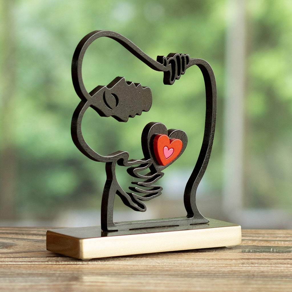 Peruvian Artisan Crafted Wood Sculpture with Heart Design - Eternal Hug