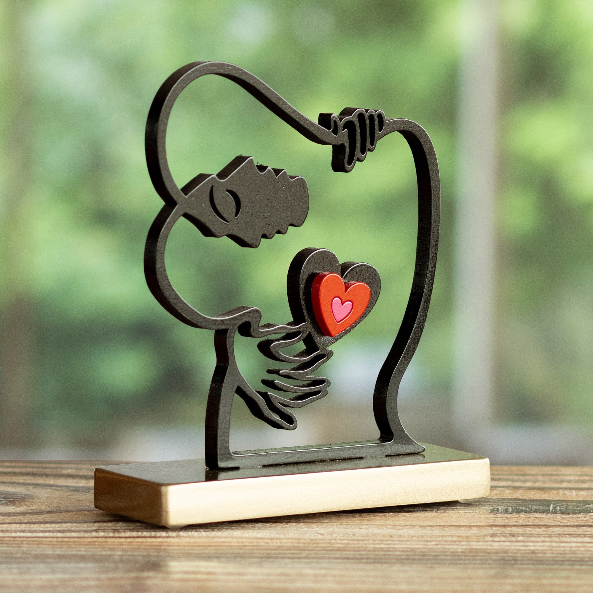 Peruvian Artisan Crafted Wood Sculpture with Heart Design - Eternal Hug