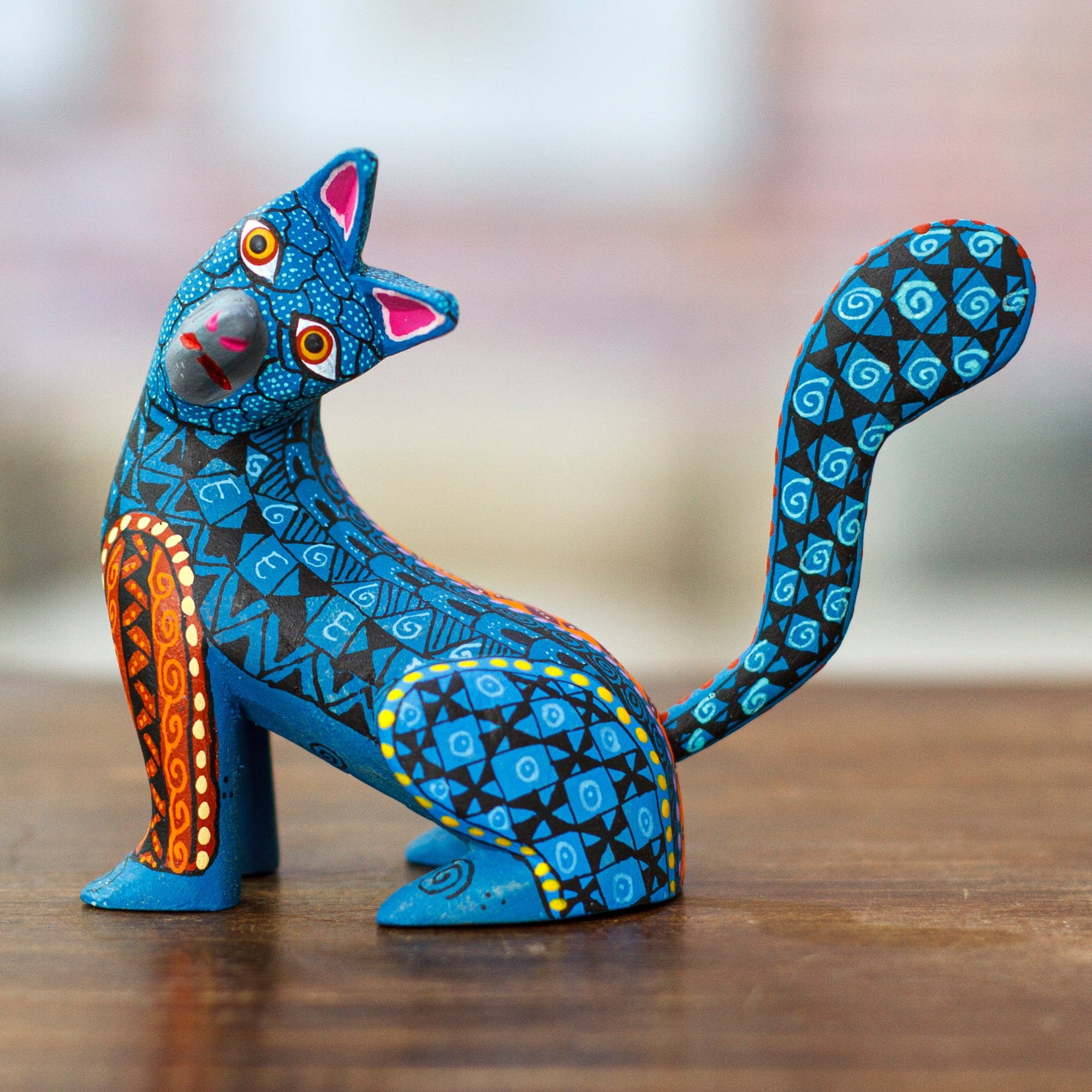Wood Cat Alebrije Figurine in Teal Hand-Painted in Mexico - Curious Cat in Teal