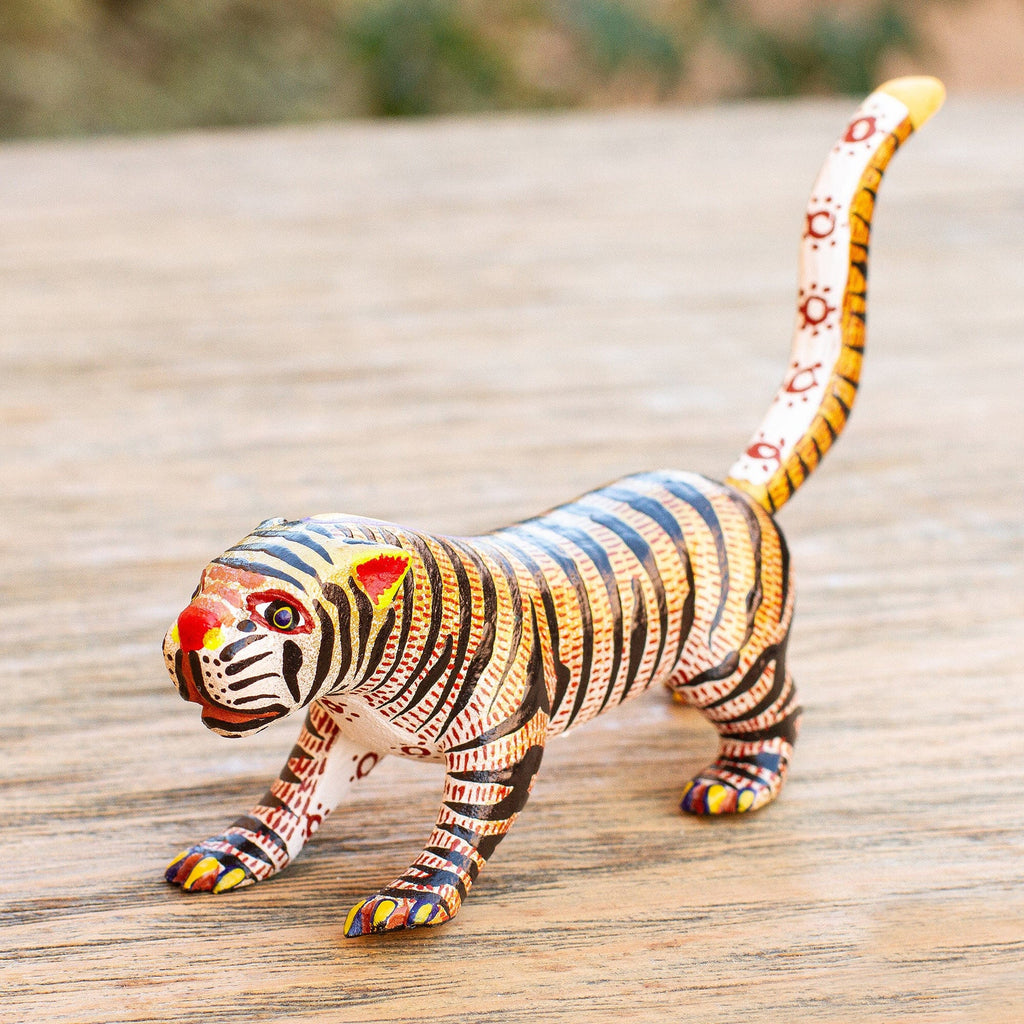 Small Cedar Wood Tiger Alebrije Sculpture - Brilliant Tiger