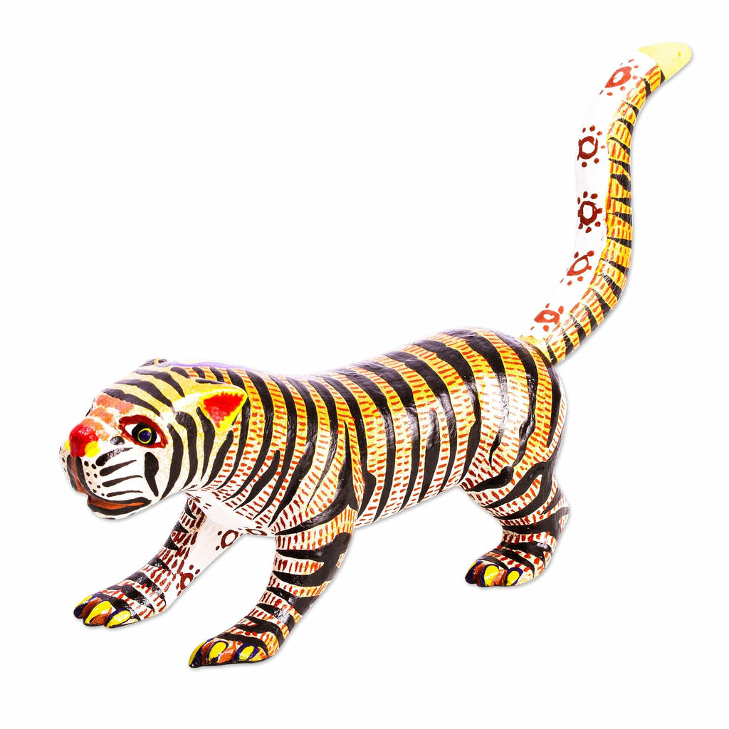Small Cedar Wood Tiger Alebrije Sculpture - Brilliant Tiger
